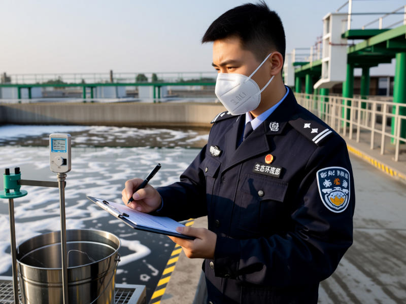 生態(tài)環(huán)境應(yīng)急執(zhí)法工作人員在污廢水臭氧消毒現(xiàn)場(chǎng)